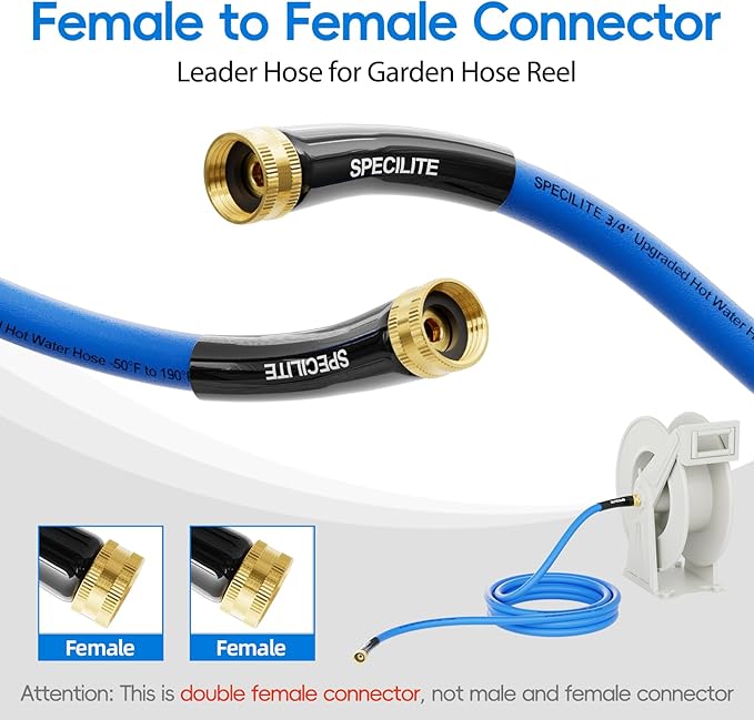 SPECILITE Female to Female Hot/Cold Garden Water Hose 15 ft x 3/4 Inch for Hose Reel, -50℉To 190℉, Heavy Duty, Flexible, Burst 605 Psi, Rubber Extension Pipe with 3/4" Brass Fittings