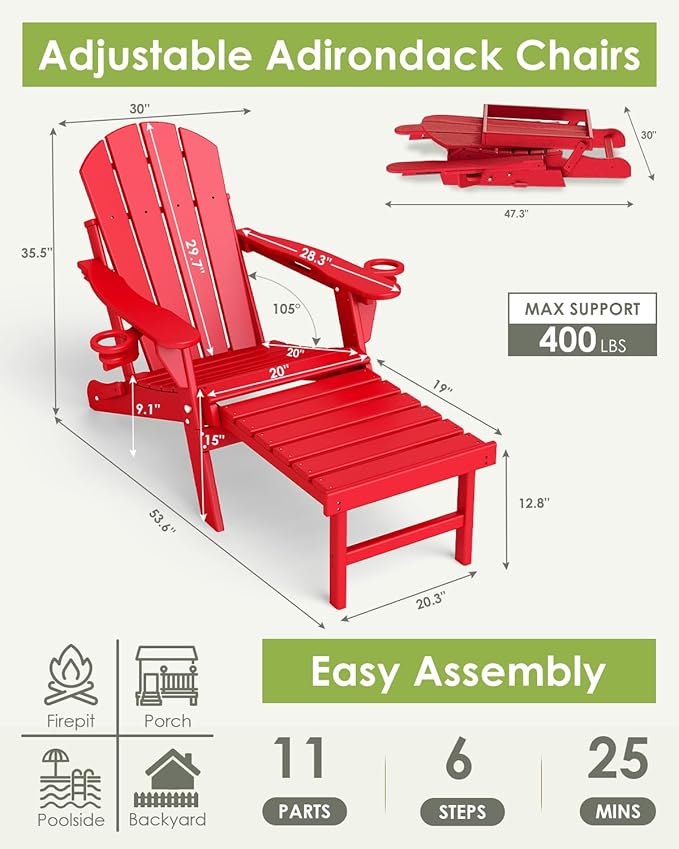 GREENVINES Adjustable Adirondack Chair with Retractable Ottoman Set of 4 | Folding | HDPE Plastic | Fire Pit Chairs w/Foot Rest | 2 Cup Holders | Red | for Outdoor Patio Poolside Deck