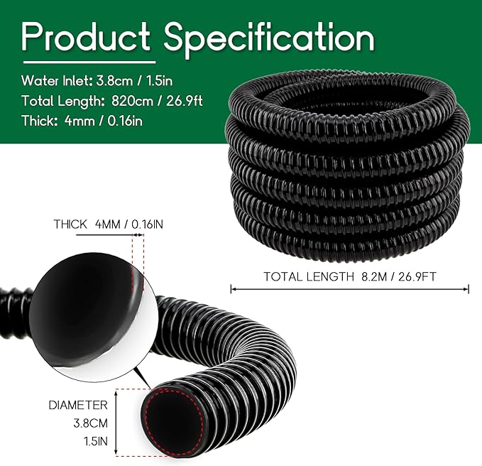 LONGRUN Pond Tubing 1.5 Inch 1-1/2'' Diameter, 26.9 ft Long Corrugated Flexible Hose Pipe with Clamps Pipe Fittings, Pool PVC Tube for Garden Ponds Waterfalls Camping Caravans Filters Drainage Marine