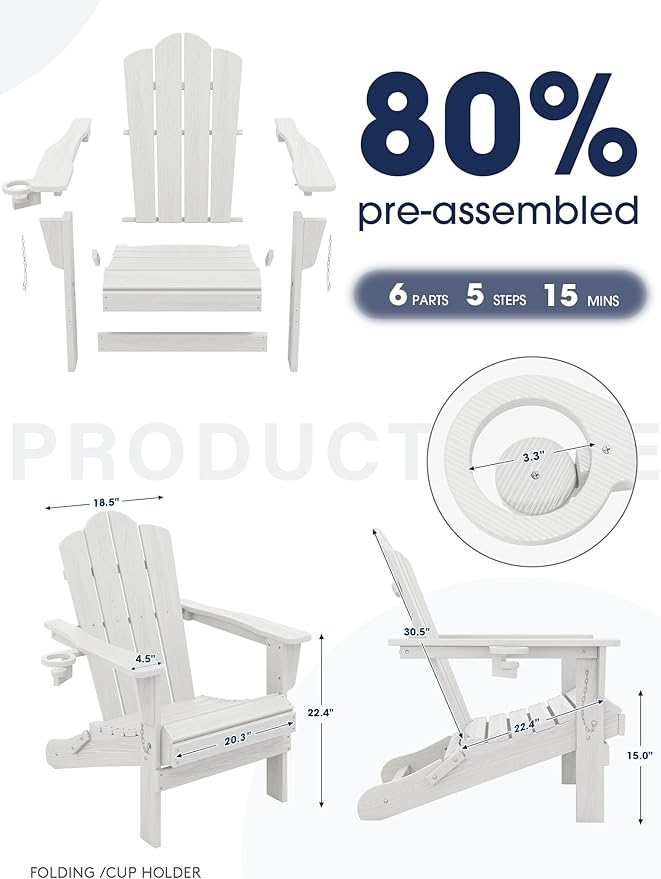 KINGYES Folding Adirondack Chair Set of 2, HDPE All-Weather Patio Chairs with Cup Holder, Wooden Textured Fire Pit Chairs for Poolside, Backyard, Deck, White