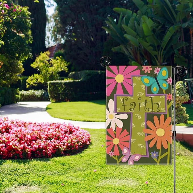 Faith Spring Summer Garden Flag, Double Sided Yard Outdoor Farmhouse Lawn Porch Church Chapel Decor Flag, Bible Verse Banner, Christian Home Decor Gifts for Women Coworker Friend