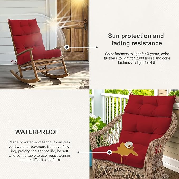 Outdoor High Back Chair Cushions 2-Pack, 44"x22"x 4" Fade-Resistant Waterproof Tufted Pads with Ties for Patio Rocking & Adirondack Chairs (Red)