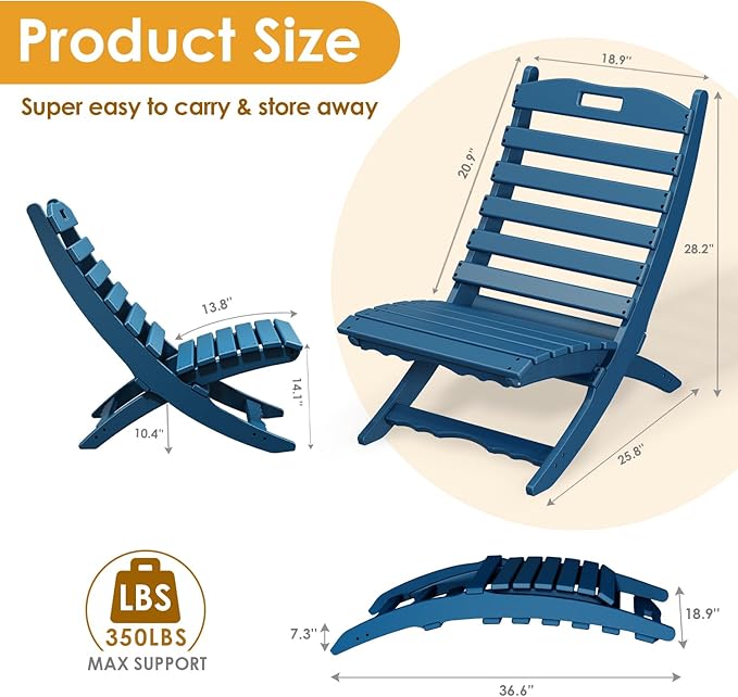IVY&LANE Portable Xavier-Chairs Set of 2 | Folding-Adirondack-Chair | Wave | HDPE Plastic | Blue | All-Weather Resistant | for Outdoor Fire-Pit Patio Lawn Beach Poolside