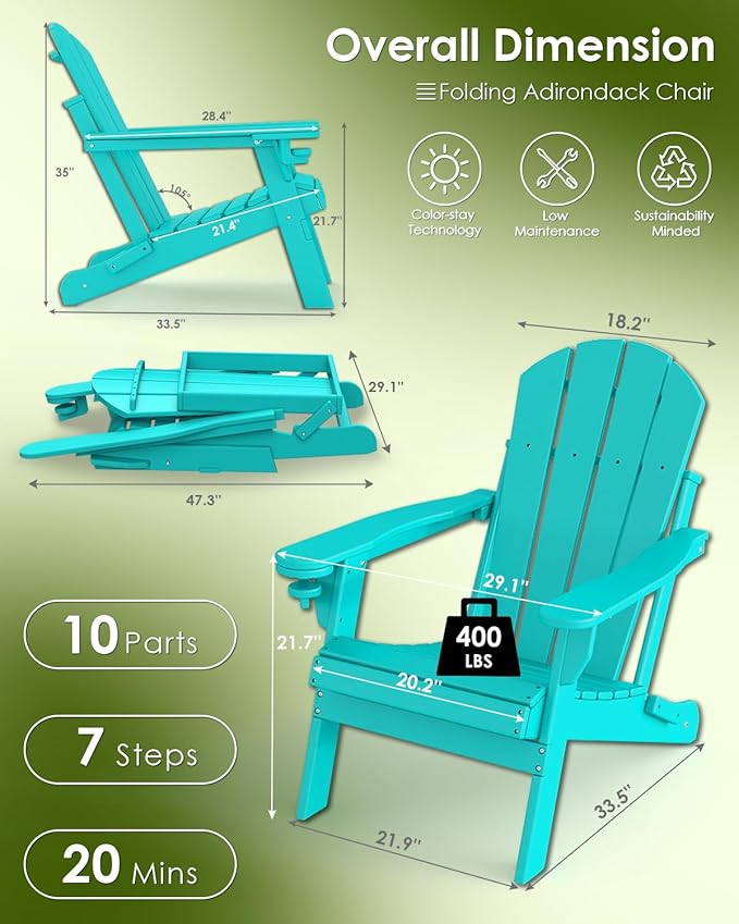 GREENVINES Folding-Adirondack-Chairs-Set-of-4 | HDPE All-Weather | Firepit Chair | Cup Holder | Aqua | for Campfire Deck Backyard Patio Outdoor Poolside Lawn