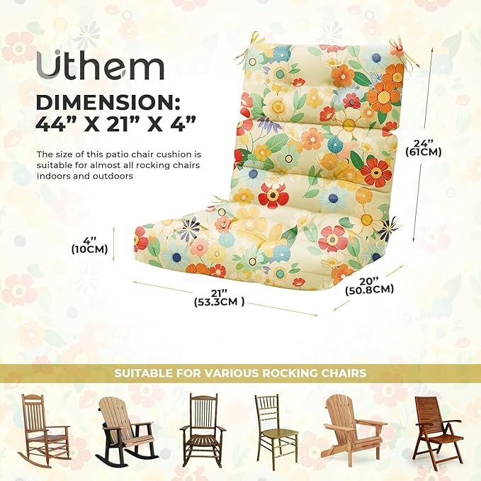4 Pack Rocking Chair Cushion, Waterproof Chairs Cushions for Adirondack Chairs Patio Chair High Back Thicked Cushions Outdoor and Indoor with Ties, Daisy