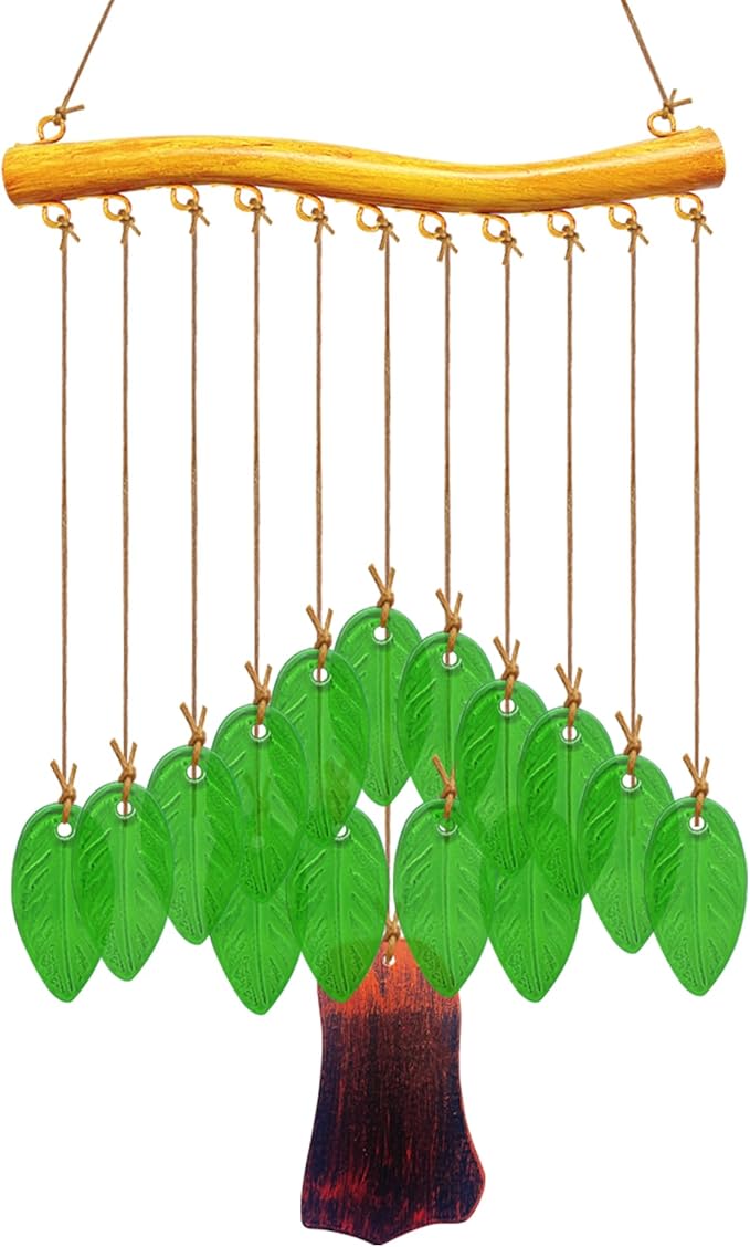 Leaf Shape Glass Wind Chimes for Outside Decoration, Green Tree Windchimes Outdoors Unique, Handcrafted Suncatcher Glass Art Wind Chimes for Women, Hanging Outdoor Christmas Decor