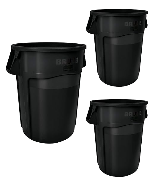 Rubbermaid Commercial Products BRUTE Heavy-Duty Round Trash/Garbage Can with Venting Channels, 44-Gallon, Black, Waste Container for Landscapers/Construction/Restaurants/Warehouses/Home, Pack of 3