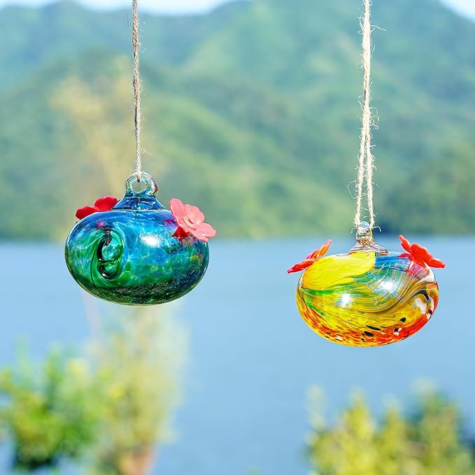 Pack 2 Blown Glass Hummingbird Feeders for Outdoors 3inch Small Glass Humming Bird Feeder for Window Hanging Ant and Bee Proof Humming Birds Feeders Decor for Garden Outside