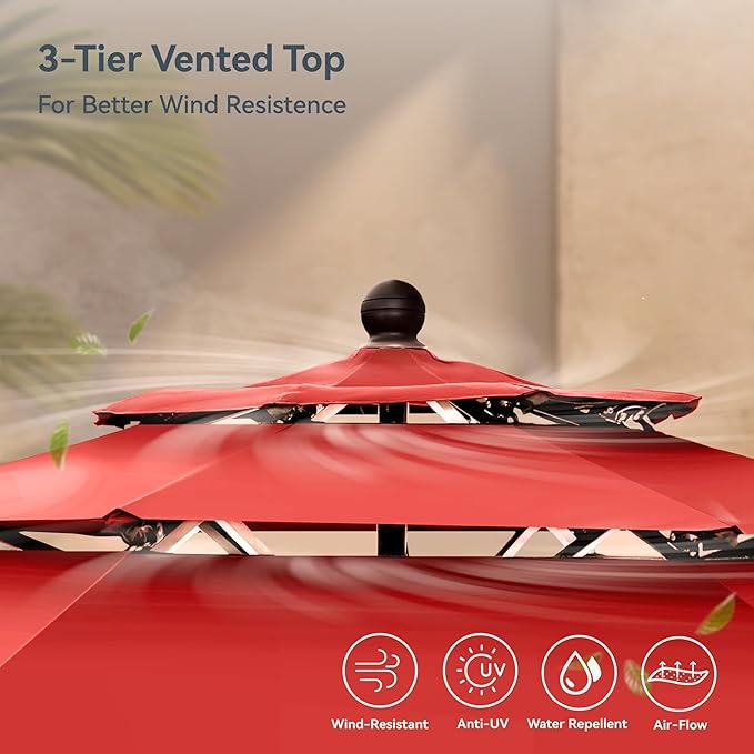 PHI VILLA 10ft Patio Umbrella Outdoor 3 Tier Vented Market Table Umbrella with 1.5" Umbrella Pole and 8 Sturdy Ribs, (Orange Red)（No Base）