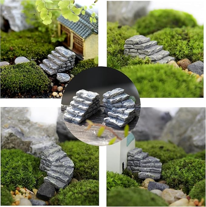 2Pcs Miniature Garden Bridge and Stone Steps, Resin Fairy Garden Decor, Bonsai Ornament