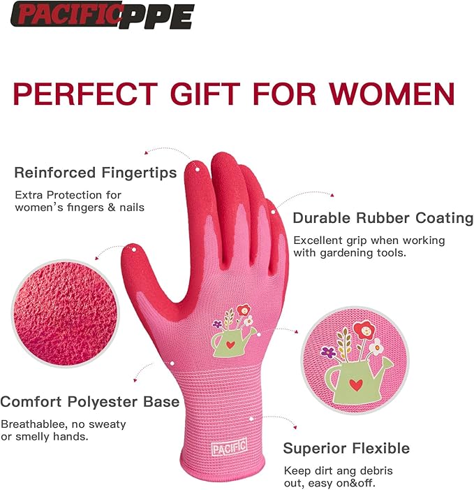 PACIFIC 3 Pairs Gardening Gloves for women, Rubber Coated Garden Gloves, Ladies Yard Work Gloves, Breathable, Purple & Yellow & Red, Small
