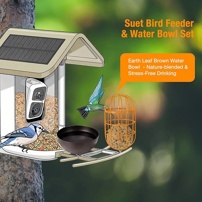 Metal Suet Ball Holder + Water Bowl Set for Birds - Compatible with Most Outdoor Smart Feeders - Oval-Shaped Suet Ball for Outdoors - Bird Feeder Replacement Parts with 5mm Screw (Orange)