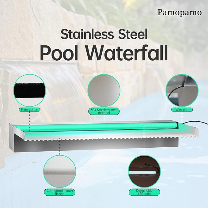 Pond Waterfall Spillway Stainless Steel Pool Fountain, APP Control LED Lighted Waterfalls Kit, Outdoor Water Flow Waterfalls Kit for Garden Patio Koi Pond Decoration-23.6"x7.8"x3.9"