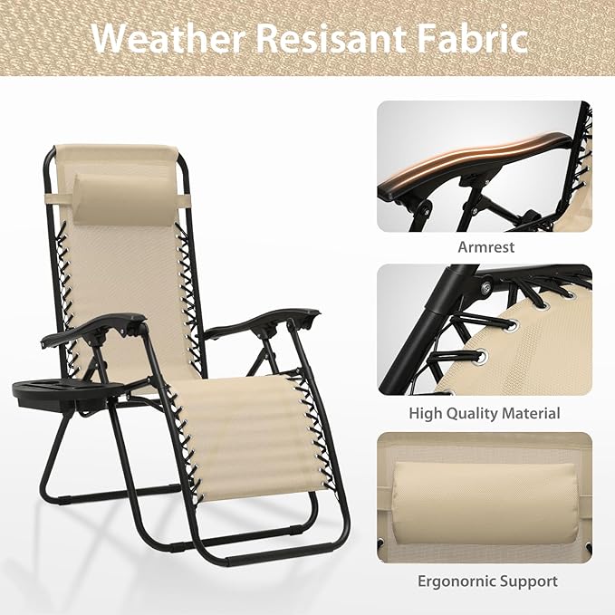 Zero Gravity Chairs, Portable Folding Reclining Lounge Chairs with Adjustable Pillow and Cup Holder Trays for Outdoor, Patio, Beach, Camping, Garden, Poolside, Beige