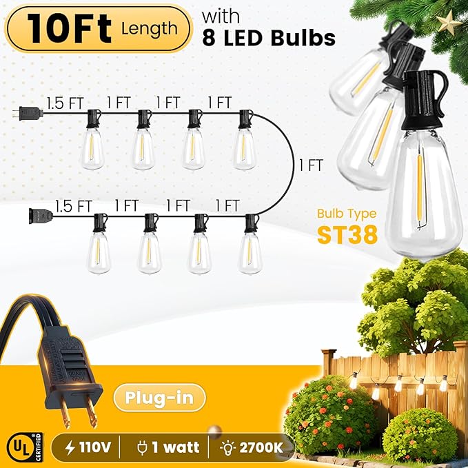 10FT Outdoor String Lights - Waterproof LED Patio Lights Shatterproof ST38 Edison Bulbs, Connectable Hanging Outdoor Vintage Lights for Indoor Backyard Yard Gazebo Porch Party Decor