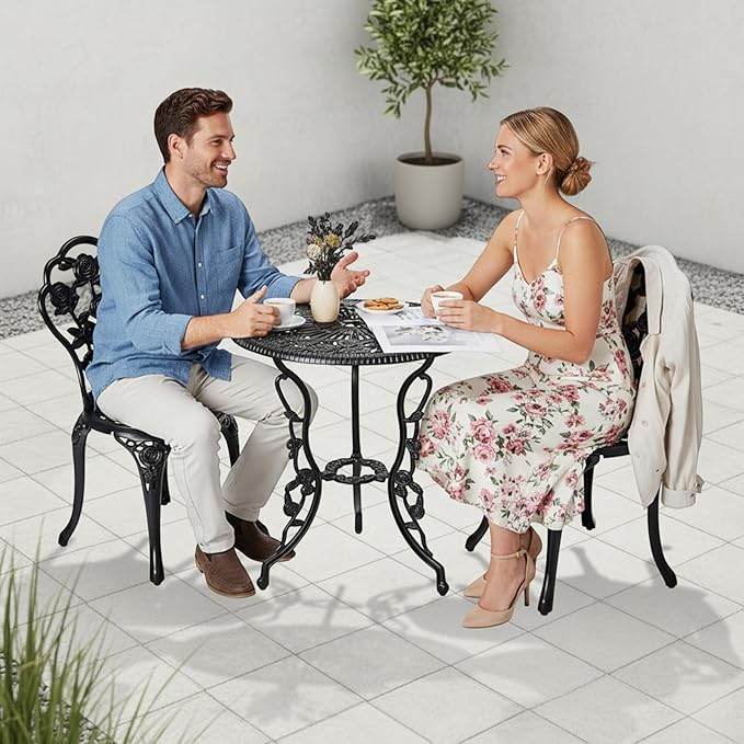 VINGLI 3 PCS Outdoor Bistro Set, Outdoor Patio Set, All-Weather Cast Aluminum Bistro Table Set, Bistro Table and Chairs Set of 2 for Backyard, Garden, Balcony (Black, Rose)