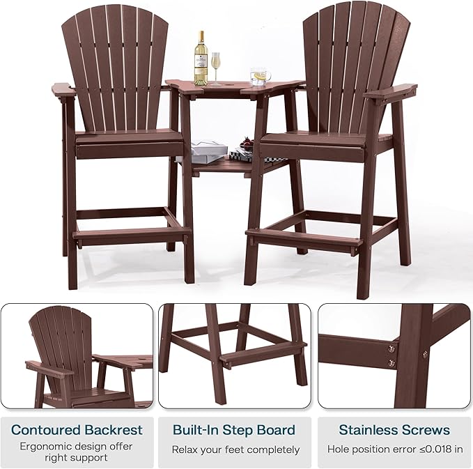 Tall Adirondack Chairs Set of 8, HDPE Balcony Chair with Double Connecting Tray, Weather Resistant Outdoor Adirondack Bar Stools for Patio, Deck, Patio, Backyard, Balcony. (Brown)