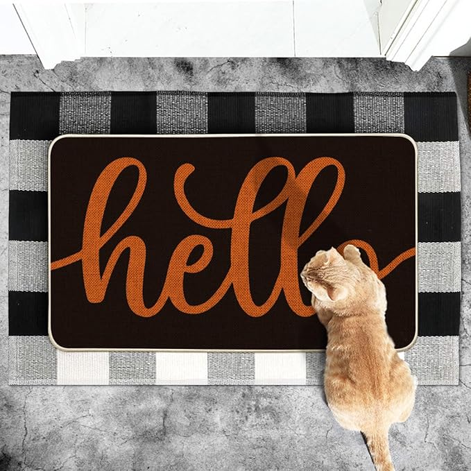 Artoid Mode Black Orange Hello Halloween Doormat, Home Decor Low-Profile Switch Rug Door Mat Floor Mat for Indoor Outdoor 17x29 Inch
