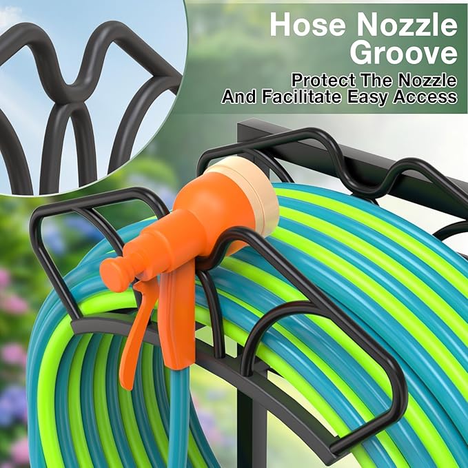 Upgraded Garden Hose Holder with Large Basket, Heavy Duty Water Hose Holder Supports 160-ft Hoses, Freestanding Detachable Hose Stand Storage Reel Hanger Rack for Yard Lawn Farm