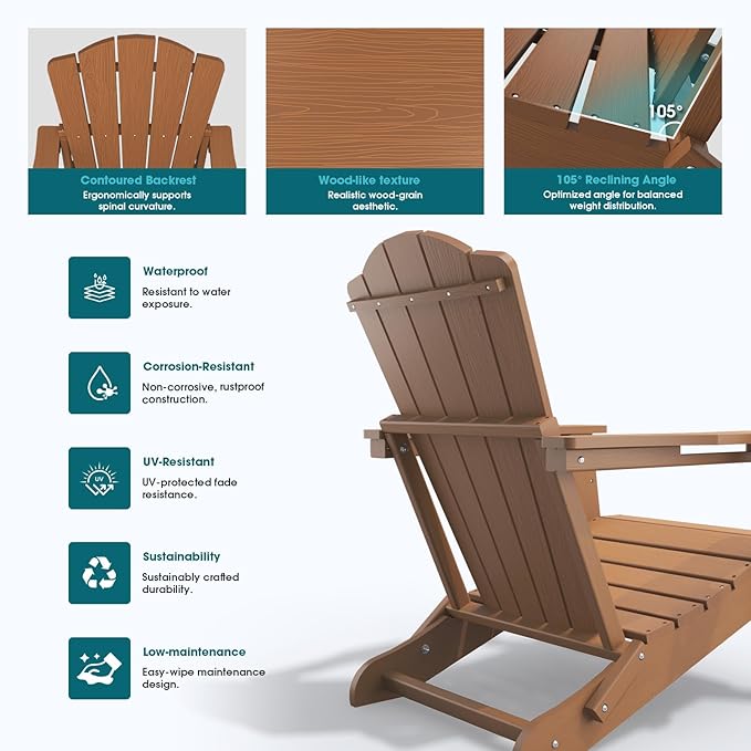 Folding Adirondack Chair Set of 4,HDPE All-Weather Outdoor Chair with Cup Holder,Wooden Textured,Fire Pit Chair,Plastic Patio Chair for Deck,Backyard,Garden,Lawn(Wood)