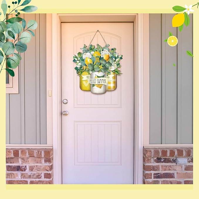 Karenhi Hello Summer Welcome Wooden Sign for Front Door Hello Wooden Hanger Summer Door Sign Wood Spring Hanging Decorations Farmhouse Porch Decor for Outdoor Housewarming Gift