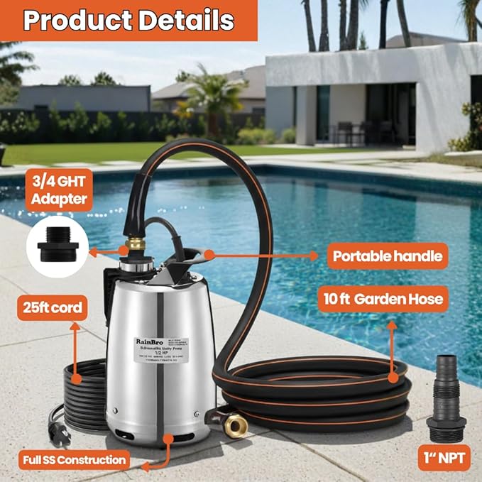 Sump Pump Submersible With 10Ft. Garden Hose, Water Pump, Portable Utility Pump, 25-Foot Cord, Ideal for Swimming Pool, Garden Pond, Hot Tub, and Flood Basement Draining