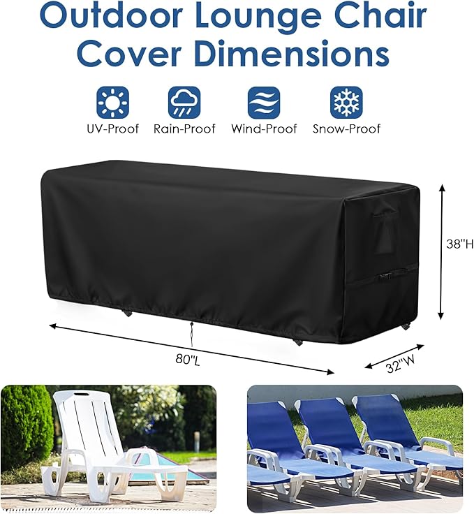 Outdoor Stacked Chaise Lounge Cover, Waterproof Patio 4-6 Stackable Lounge Chair Cover, Pool Lounge Chair Patio Furniture Covers - 80 x 32 x 38 Inch