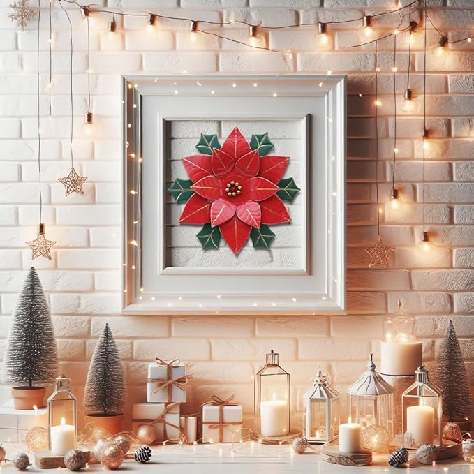hogardeck Christmas Decorations Indoor, 11" Metal Flower Wall Decor, Poinsettia Floral Metal Wall Art, Xmas Wall Decor for Bathroom, Living Room, Porch, Garden, Yard