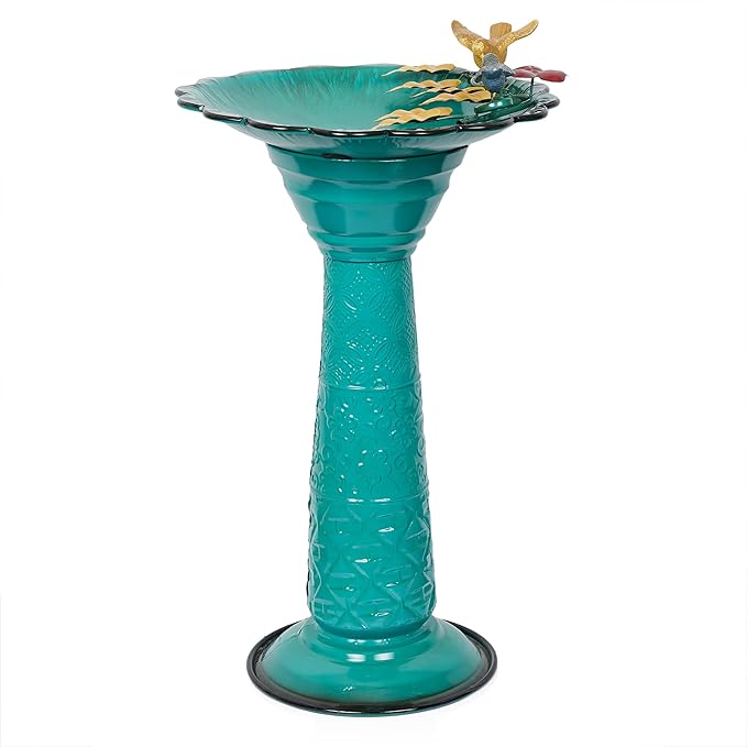 Alpine Corporation ORS112GN Vintage Metal Pedestal Birdbath with Stand, Shallow Bird Bath Bowl for Outside, 28" H, Green
