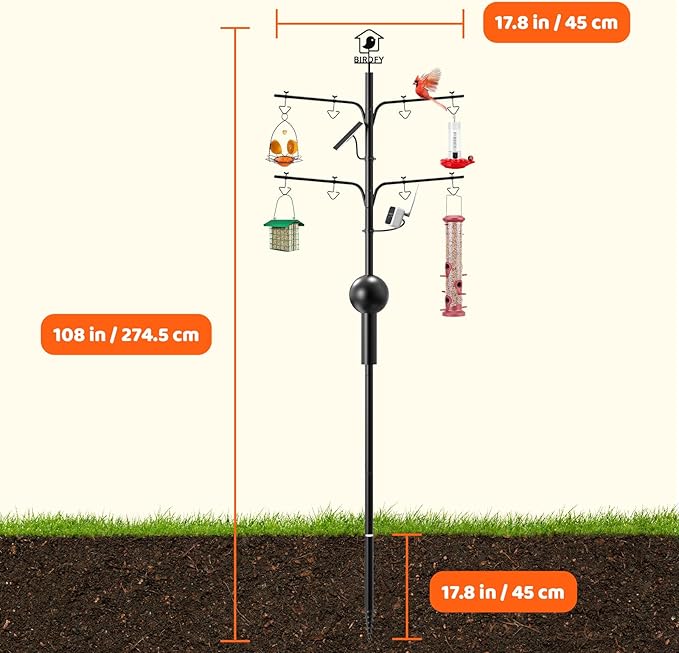 NETVUE by Birdfy Bird Feeder Pole with Effective Squirrel Baffle, 108 Inch Rust-Proof Pole Kit, 8 Adjustable Hooks for Outdoor Wild Bird Feeder, Bath, House Hanging & Mounting