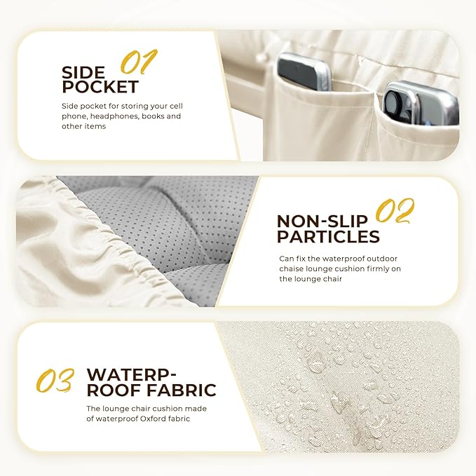 Outdoor Chaise Lounge Chair Cushion Waterproof 74.4 x 22 x 4.7 Inches Lounge Chair Cushions Thickened for Outdoor Furniture with Headrest and Pocket, Replacement Pool Lounge Cushions, Cream