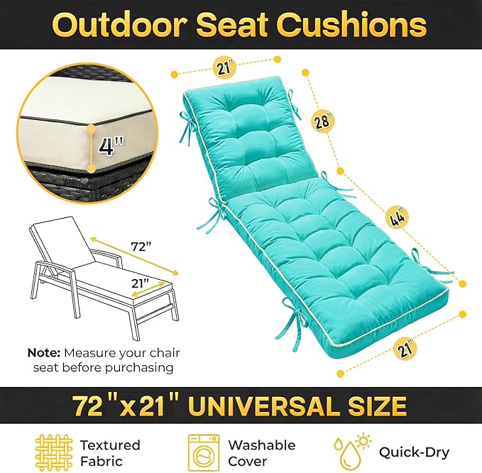 2 Pack 72x21 Inch Folding Chaise Lounge Cushion Quick Dry - Outdoor Sun Lounger Seat Pad with Shredded Foam for Patio Furniture, Deck Chairs, Poolside (Aqua Blue, 72 INCH × 21 INCH-2 Pack)
