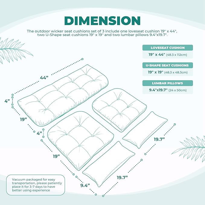 Wicker Chair Cushions of 5 Pieces, Waterproof Outdoor Loveseat Cushion for Wicker Furniture, 1 Love Seat Cushion, 2 U-Shape and 2 Lumbar Pillows for Patio Furniture (Cyan Flower)