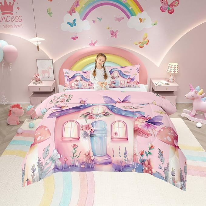 Erosebridal Fairy Garden King Comforter Set - Pink Fairy Butterfly Bedding Sets for Girls Kids, Cute Pink Floral Bed Set, Kawaii Mushroom Flower Room Decor - 2 Pillowcases Breathable