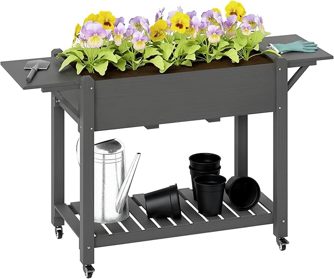 Outsunny Raised Garden Bed, 57 x 20.5 x 34 in Wood Elevated Planter Box with Lockable Wheels, Side Tables and Bottom Shelf, Outdoor Raised Planter with Bed Liner and Drainage Holes, Gray