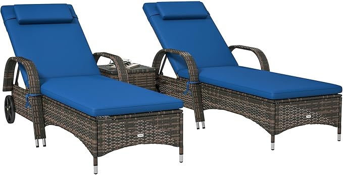 Outsunny Wicker Outdoor Chaise Lounge Chair Set of 3 with Side Table, 5-Level Adjustable Backrest PE Rattan Pool Lounge Chair with Wheels, Cushion & Headrest, Blue