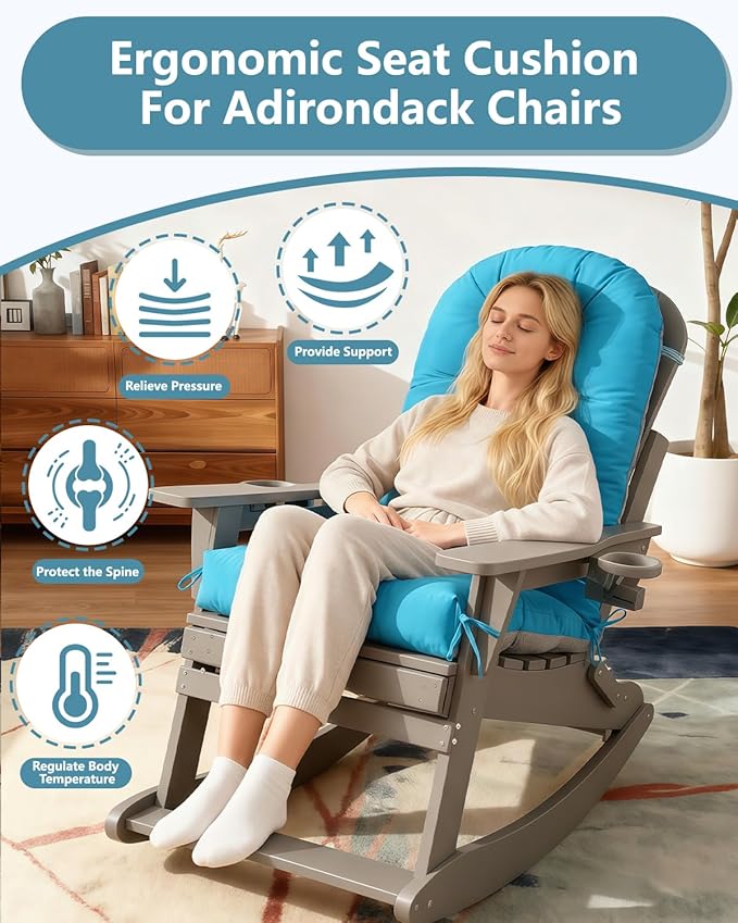 Adirondack Chair Cushion Set of 4, Thickened Patio Chair Cushions with Ties, Waterproof and UV-Protected Rocking Chair Cushion for Indoor and Outdoor, Lake Blue.