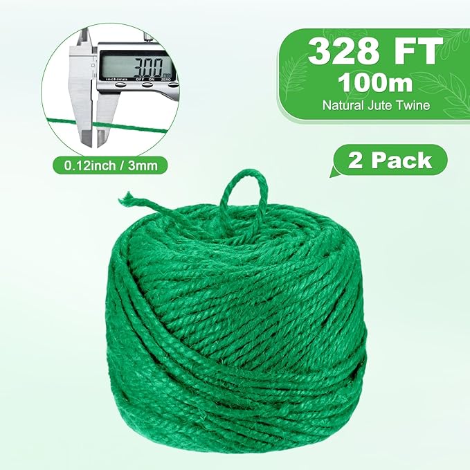 2-Pack Natural Jute Twine String, 3mm x 328ft/100m Long Garden Twine Balls for Crafts/Gift Wrapping/Gardening Plants, Durable Plant Ties Thick Rope [Green]