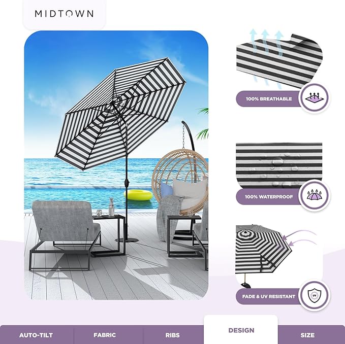 Midtown Umbrellas - 10-Year-No-Fade 9 Ft Patio Umbrella with Terylast Fabric, Auto-Tilt Aluminum Frame and 8 Reinforced Ribs for Deck, Pool, Garden & Beach - Black/White Stripes Canopy, Black Pole