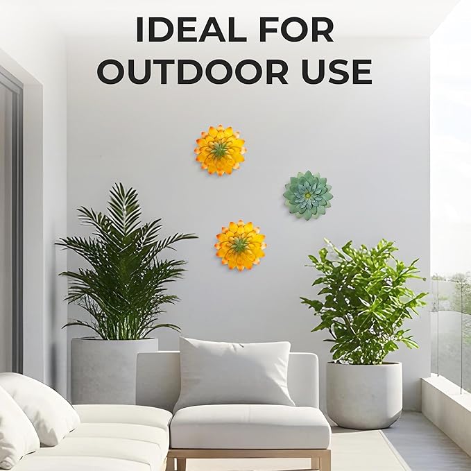 Everydecor Succulent Metal Flowers Wall Decor – Yellow, Hand Painted, 3D Flower Art Decoration for Living Room, Bedroom, Kitchen, Bathroom - Floral Decor for Indoor & Outdoor Use