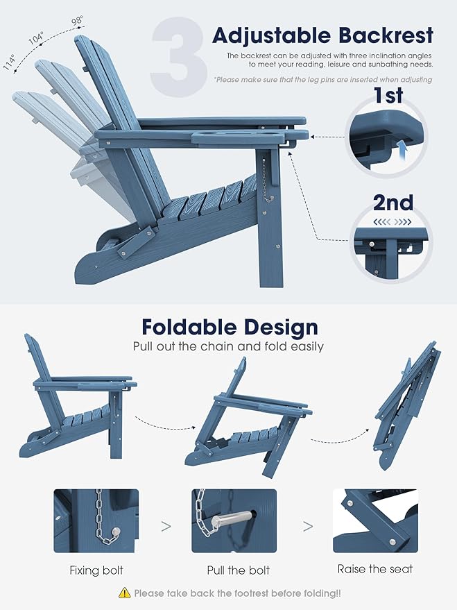 KINGYES Adjustable Folding Adirondack Chair with Footrest & 4-in-1 Multi-Functional Armrest Organizer Set of 4, HDPE Foldable Recliner Adirondack Chair with Pull-Out Ottoman, Blue