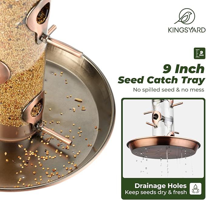 Kingsyard Metal Bird Feeders for Outdoors Hanging, Wild Bird Feeder with Large 11.5" Protective Dome and 8" Removable Tray, 3 lb Seeds Capacity (Antique Copper)
