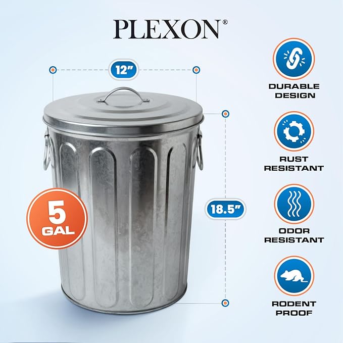 Plexon 5 Gallon Small Metal Trash Can with Lid Outdoor Galvanized Bucket with Lid 5 Gal Fireplace Ash Bucket for Wood Stove Storage Can for Dog Food Bird Seed Storage Container Rodent Pet Proof 2 Pack