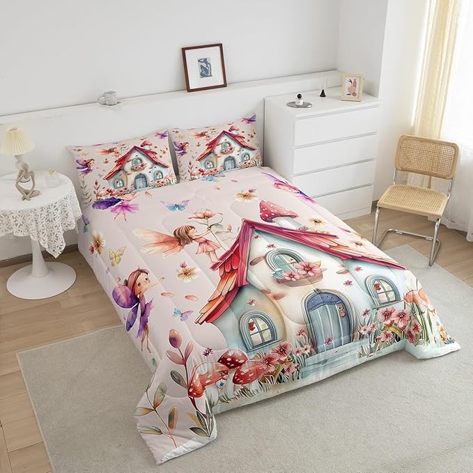Erosebridal Floral Fairy Queen Bedding Set,Dreamy Fairy Garden Comforter Set for Girls Kids,Cute Mushroom Butterfly Comforter,Kawaii Girly Flower Bedroom Room Decor,2 Pillowcases Lightweight