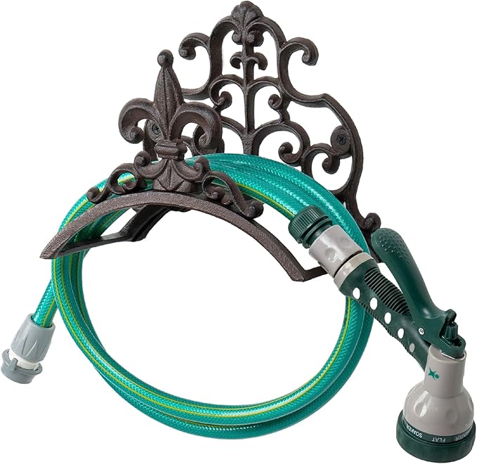 MyGift Dark Coffee Cast Iron Wall Mounted Garden Water Hose Holder, Decorative Vintage Fleur De Lis Floral Scrollwork Waterhose Reel Hanger Storage Rack
