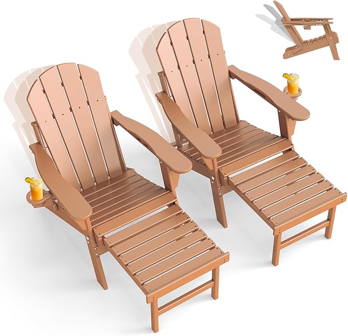 GREENVINES Adjustable Adirondack Chair with Retractable Ottoman Set of 2 | Folding | 2 Cup Holders | HDPE Plastic | Fire Pit Chairs w/Foot Rest | Teak | for Outdoor Poolside Patio Deck