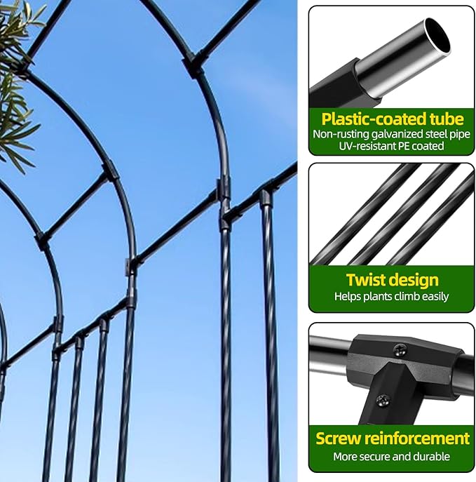 Garden Arch Trellis - Length: 98.5in, Height: 94.5in Garden Trellis for Climbing Plants Outdoor - Garden Arch for Lawn, Party, Ceremony Wedding Decoration (Black)
