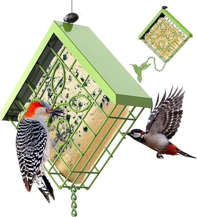 Suet Bird Feeder for Outside, Metal Suet Feeder for Outside Hanging, Single Suet Cake Capacity, Fruit and Suet Feeder Style for Outside Hanging(Green)
