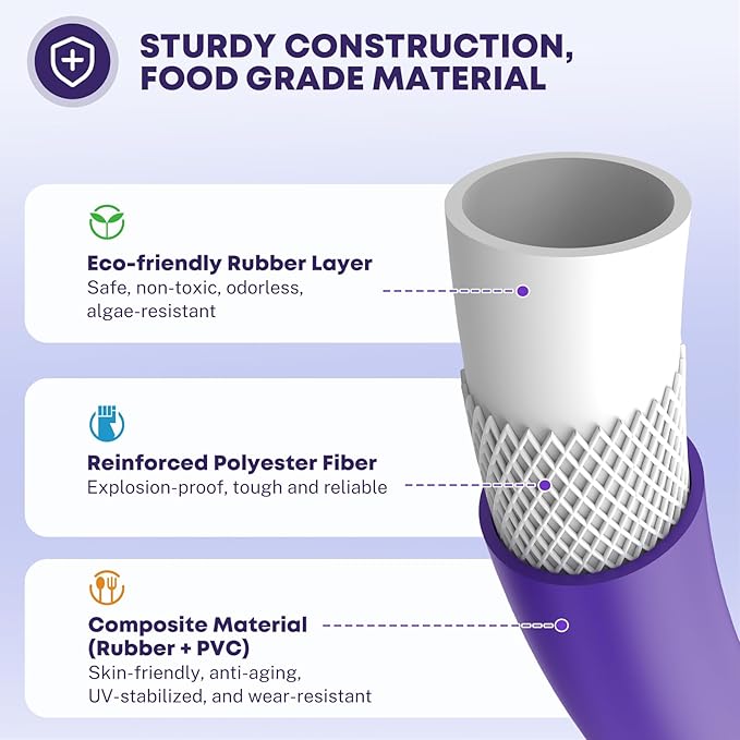 Kohree 50FT RV Water Hose with Storage Bag, 5/8'' Premium Drinking Water Hose, Leak-free, No Odor, Anti-Kink and Flexible Garden Hose for RV, Camper, Truck, Car - Purple