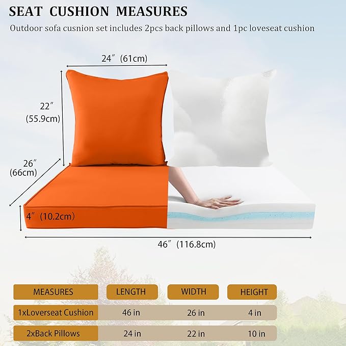 Outdoor Loveseat Cushion Set for Patio Couch/Sofa, 46 x 26 Inch Waterproof & Fade Resistant Patio Furniture Chiar Cushions with Removable Cover (Orange, 46''Lx26''Wx4''H-Loveseat Cushion Set)